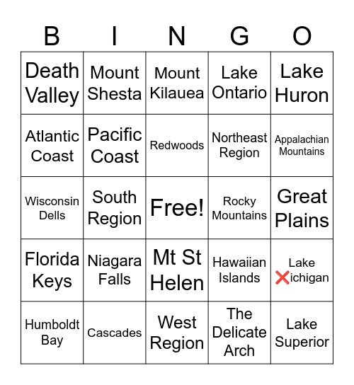 USA Geological Features Bingo Card