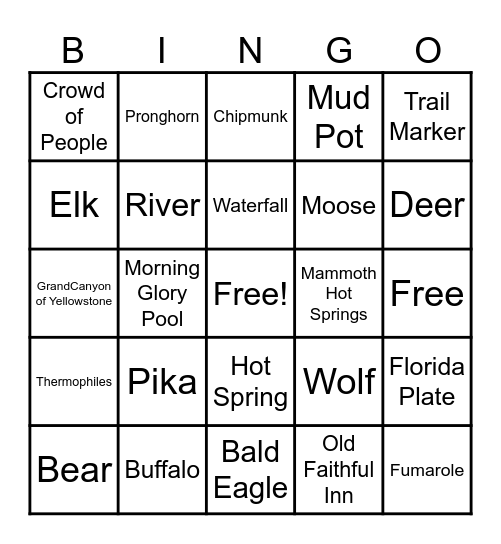 YELLOWSTONE NATIONAL PARK Bingo Card