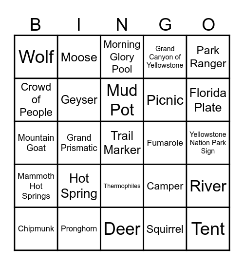 YELLOWSTONE NATIONAL PARK Bingo Card