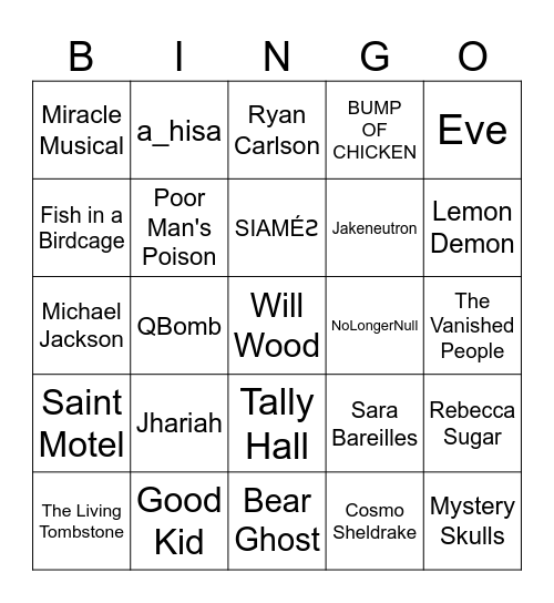 Emily's Favorite Artists Bingo Card