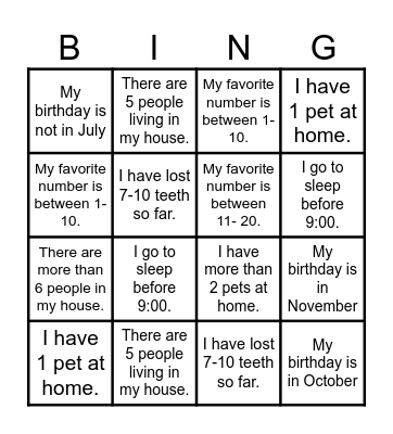 All About Me Bingo Card