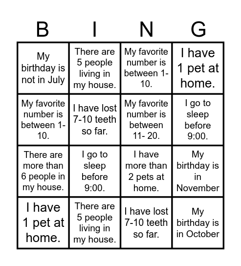 All About Me Bingo Card