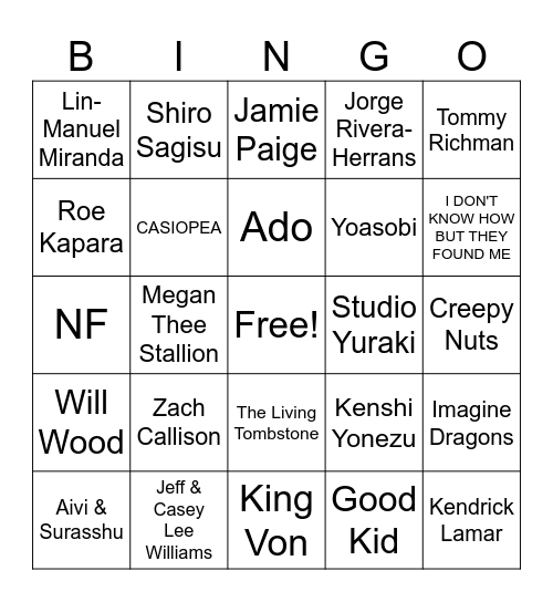 Artists Ryan Likes Bingo Card