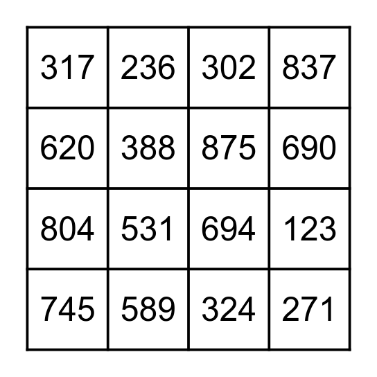 Three-Digit Numbers Bingo Card