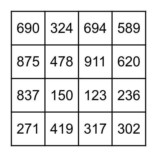 Three-Digit Numbers Bingo Card