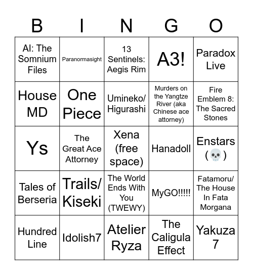 Tia's recommendation bingo Card