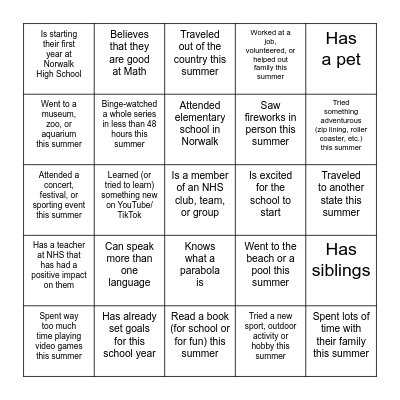 Back to School BINGO Card
