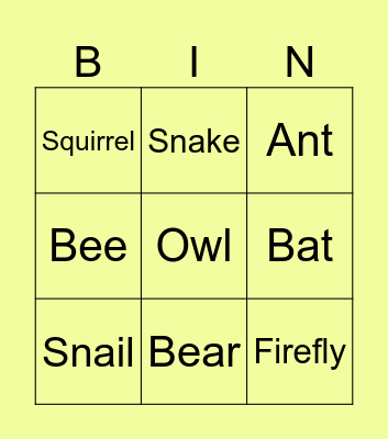 Animals Bingo Card