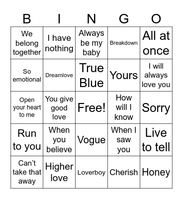 Madonna, Mariah, Whitney Bingo Card