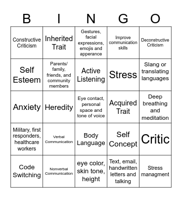 Unit 1 Life Skills Bingo Card