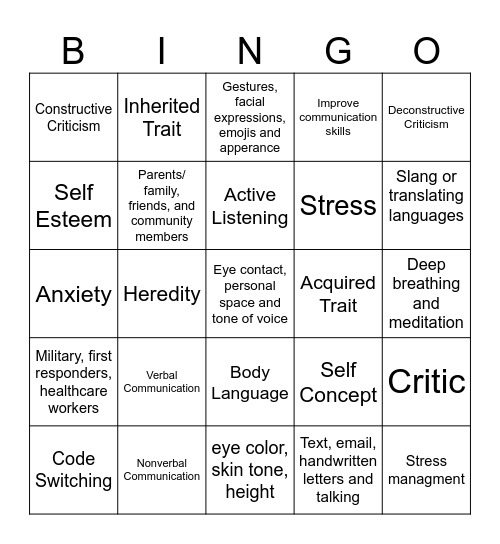 Unit 1 Life Skills Bingo Card