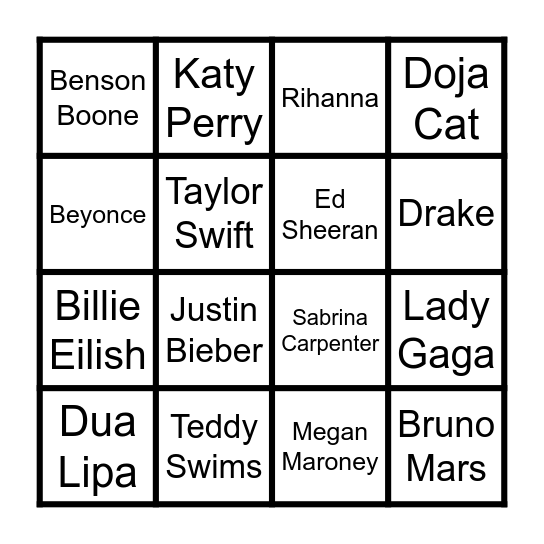 Pop Star Bingo Card