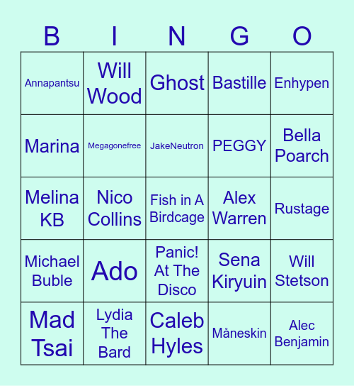 Zacharys Liked Artists Bingo Card