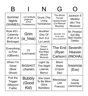 Emily's Fav Songs Bingo Card