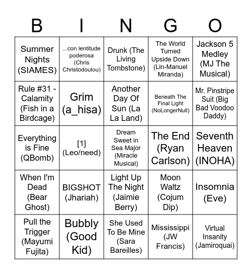 Emily's Fav Songs Bingo Card