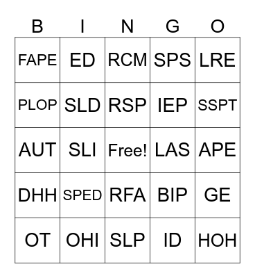 Special Education Bingo Card