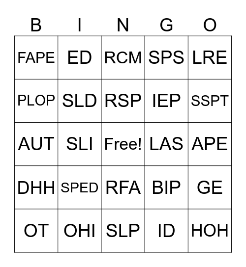 Special Education Bingo Card