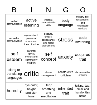Unit 1 Life Skills Bingo Card