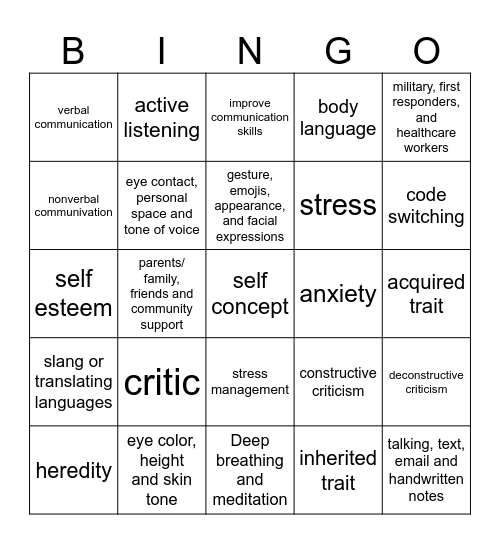 Unit 1 Life Skills Bingo Card