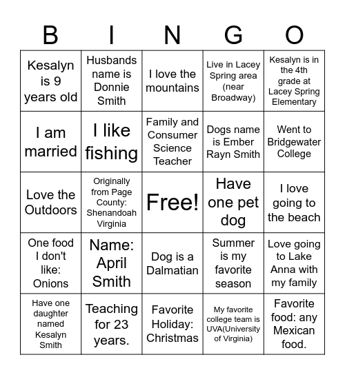 About Mrs. Smith Bingo Card