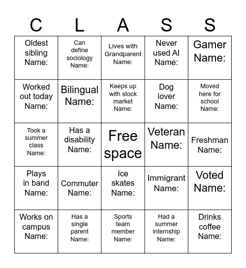 First day of Sociology class Bingo Card
