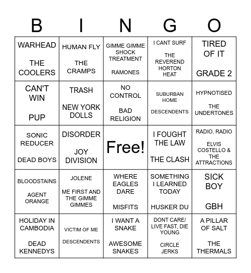 SF PUNK BINGO ROUND 3 Bingo Card