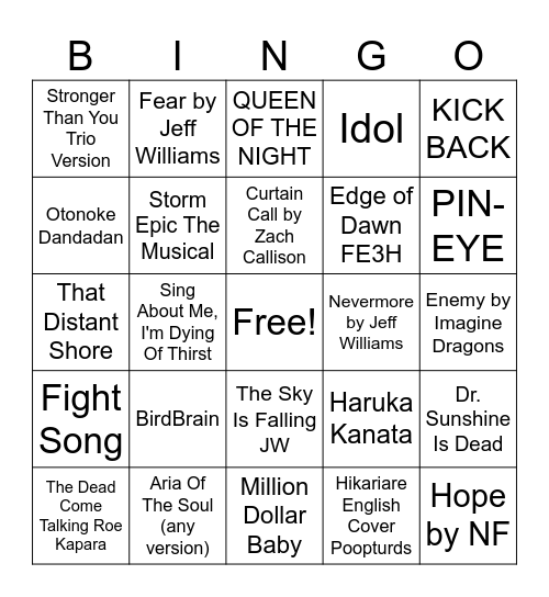 Ryan Song Bingo Card