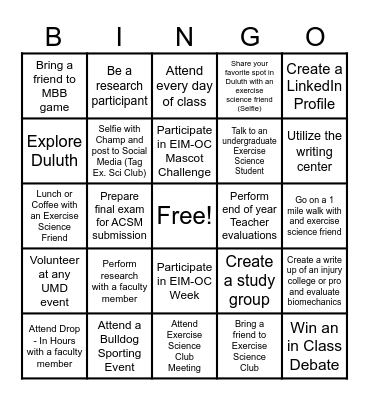 Biomechanics Extra Credit Bingo Card