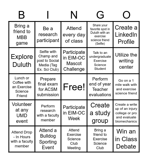 Biomechanics Extra Credit Bingo Card