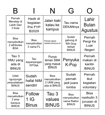 Student Life Bingo Card