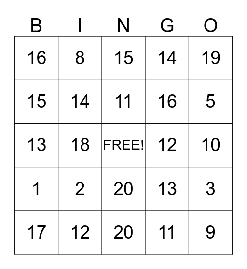 Number Bingo Card