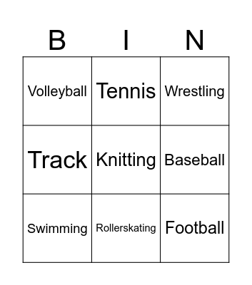 Sports and Hobbies Bingo Card