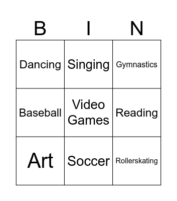 Sports and Hobbies Bingo Card