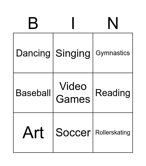 Sports and Hobbies Bingo Card