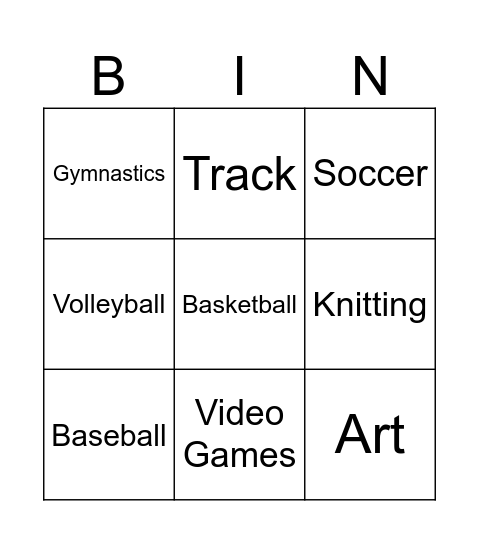 Sports and Hobbies Bingo Card