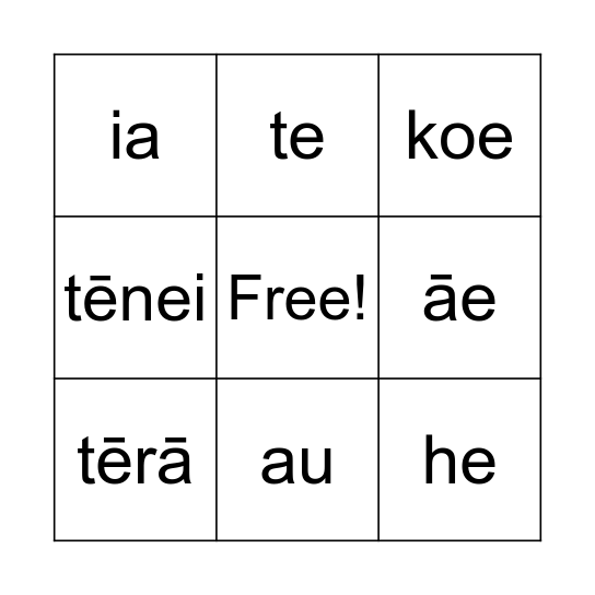 He Kupu Māmā Bingo Card