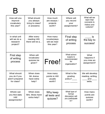 English 9R Bingo Card