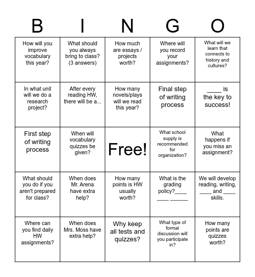 English 9R Bingo Card
