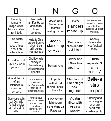 Love Island Reunion Bingo Card