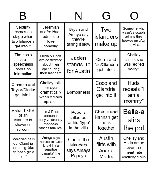 Love Island Reunion Bingo Card