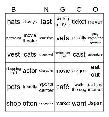 Unit 2: Places to go ! Bingo Card