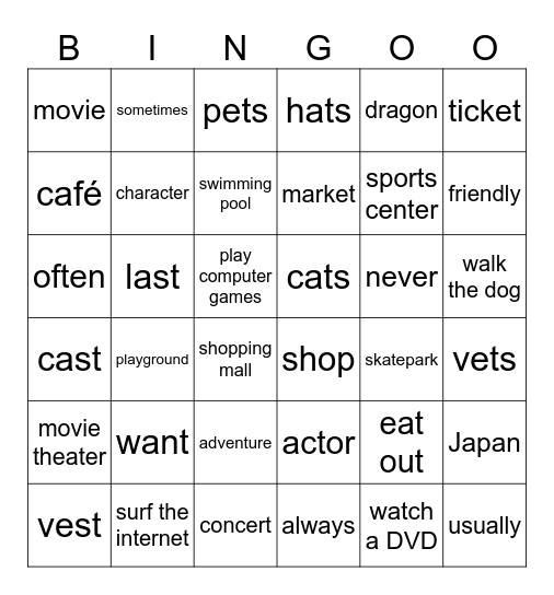 Unit 2: Places to go ! Bingo Card