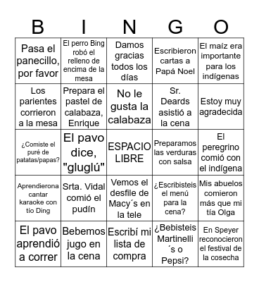 Acción de gracias 8-2 Bingo Card