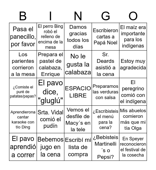 Acción de gracias 8-2 Bingo Card