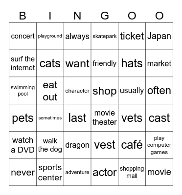 Unit 2: Places to go ! Bingo Card