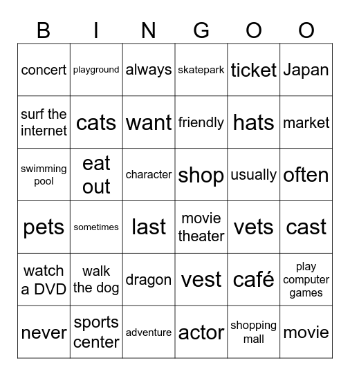 Unit 2: Places to go ! Bingo Card