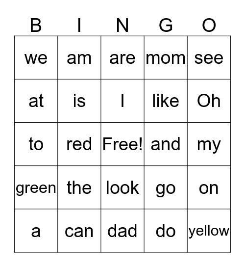 RAINBOW WORD BINGO Card