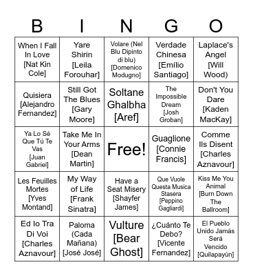 Angel's Fav Songs Bingo Card
