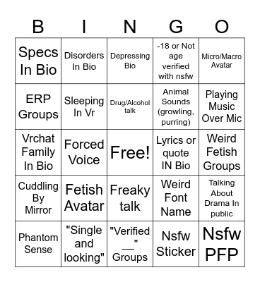 Vrchat Bingo Card