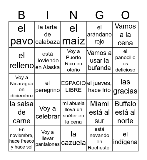 BINGO ACCION DE GRACIAS grado 5  Bingo Card